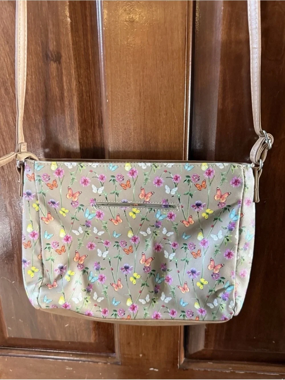 MultiSac Floral Butterfly Crossbody Faux Leather Brown Tan Multi Pocket Purse